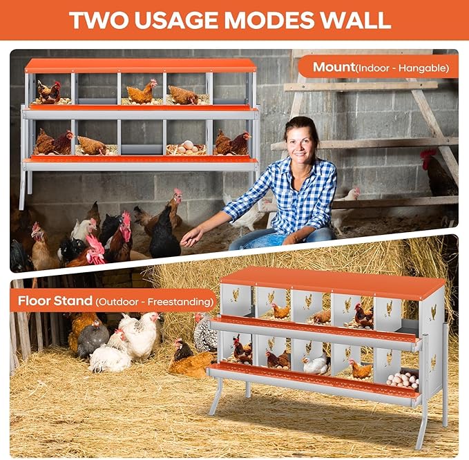 Removable Tray & Ventilated - Metal Chicken Nesting Box for Small Animals - 10 Compartments, Wall Mountable, Easy Clean, Secure Egg Collection - Red, 10 Compartments ZW