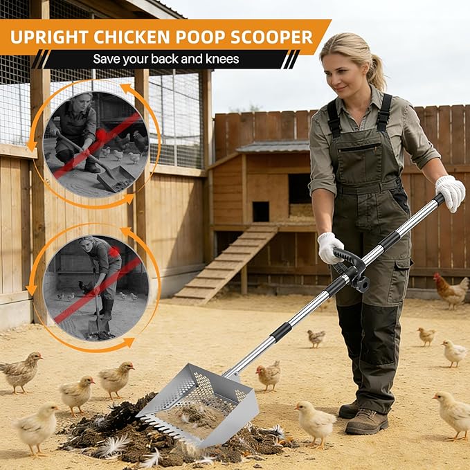 Chicken Poop Scooper & Rake 2-in-1,Stainless Steel Shovel Head Chicken Coop Scoop with 22 to 63" Adjustable Handle,Sifting Litter Shovel Scoop for Chicken Coop/Goat Stall/Stable Cleaning
