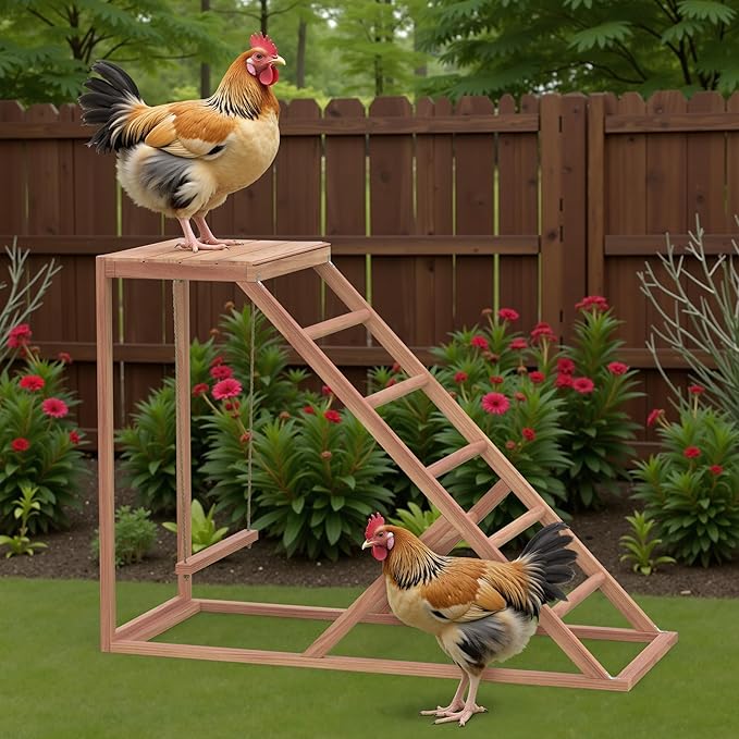 Chicken Activity Play, Multiple Birds Perches with Swing Toy, Wooden Chicken Coop Accessory with Ladder & Platforms Outdoor Birds Toy for Entertainment Backyard Poultry (B)