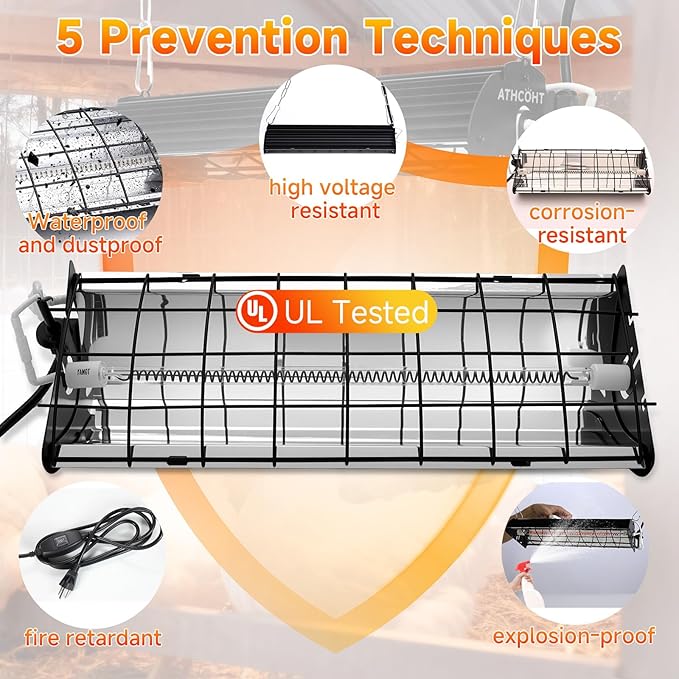400W Heat Lamp for 60 Chickens Upgraded 12000H Large Chicken Coop Brooder Heater Carbon Fiber Bulb Waterproof Adjustable 2 Mode Temp Safe Design for Chicks Poultry Pets (Large)