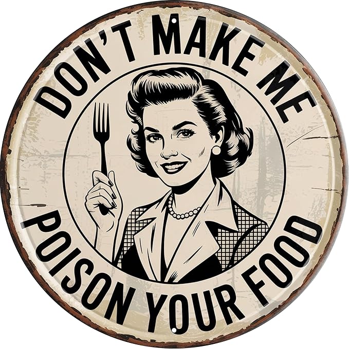 AWISZZZ Poison Your Food Metal Sign 8x8in Round Warning Plaque for Kitchen Wall Decor Chef Humor Gift