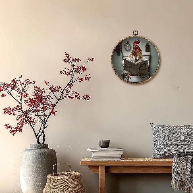 Pugwak Funny Chicken Bathroom Round Wall Art Decor Prints, Rustic Farmhouse Rooster Canvas Art Framed, Chicken Reading on Toilet Artwork Wall Hanging Decor for Washroom Bathroom Restroom, 10x10in