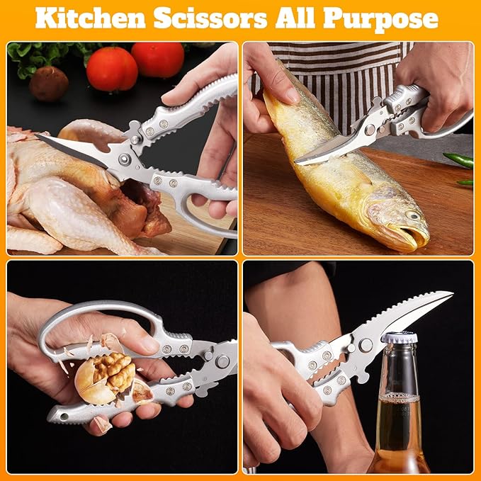 Heavy Duty Kitchen Scissors, Poultry Shears for Meat, Chicken, Bone, Turkey, Fish. Multi-Purpose Kitchen Shears With Anti-Slip Handle, Spring Loaded, Dishwasher Safe