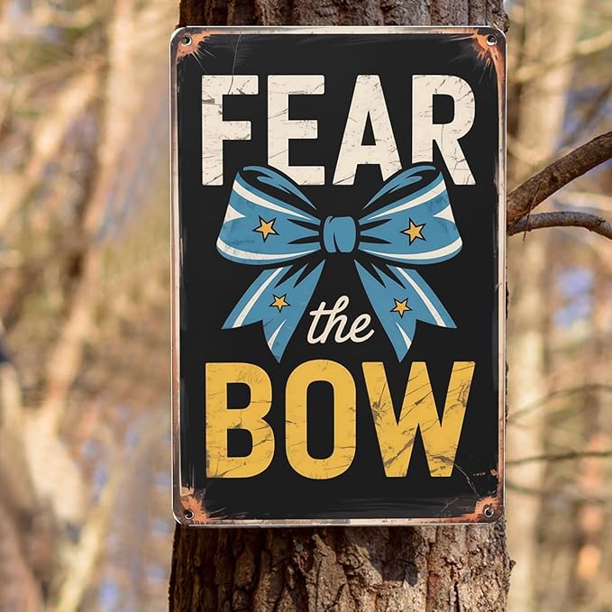 Retro humor wall art sign featuring Cheerleading Cheer Fear The Bow Metal Tin Sign School Gym Decor Perfect For Hanging In Bedroom Locker Room Rustic 8x12 inch metal sign for home bar wall decor