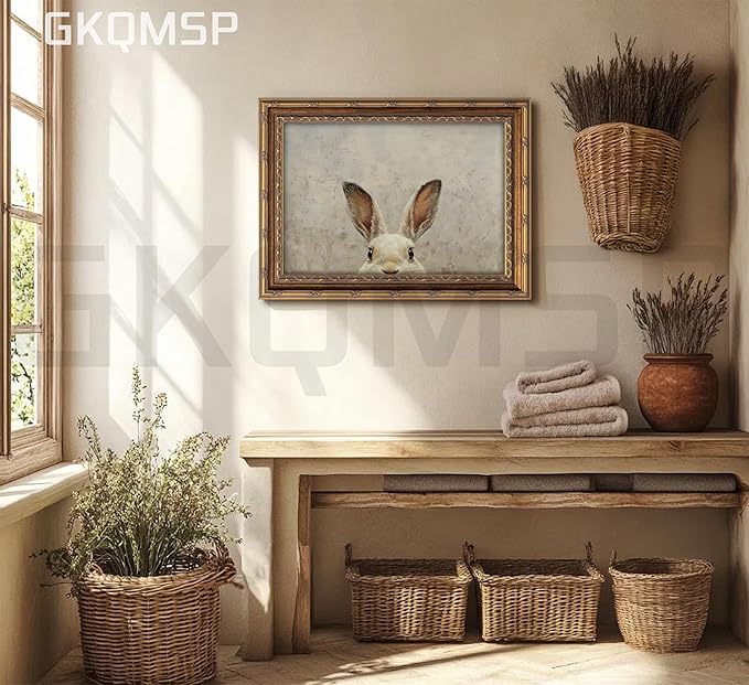 Vintage Gold Framed Wall Art Bunny canvas wall decor Easter Bunny Painting Prints Funny Rabbit Ears Picture Poster Retro Animals Artwork for Easter Decor Kids Room Home Living Bedroom 12x16in