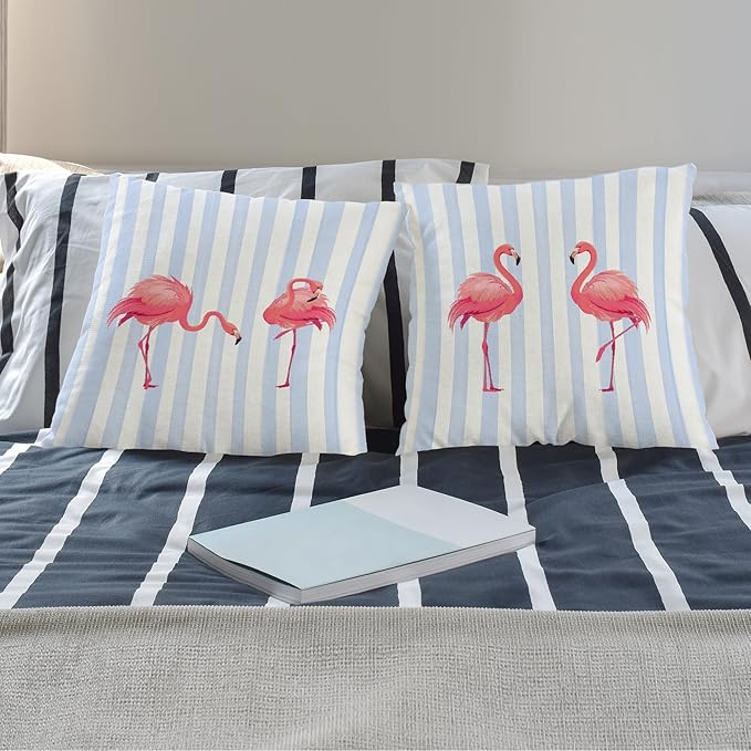 Flamingo Pillow Covers for Women 18x18 Set of 2, Blue and White Striped Throw Pillow Cases for Home Bedroom Living Room Decor, Gifts for Bird Lovers Decorative