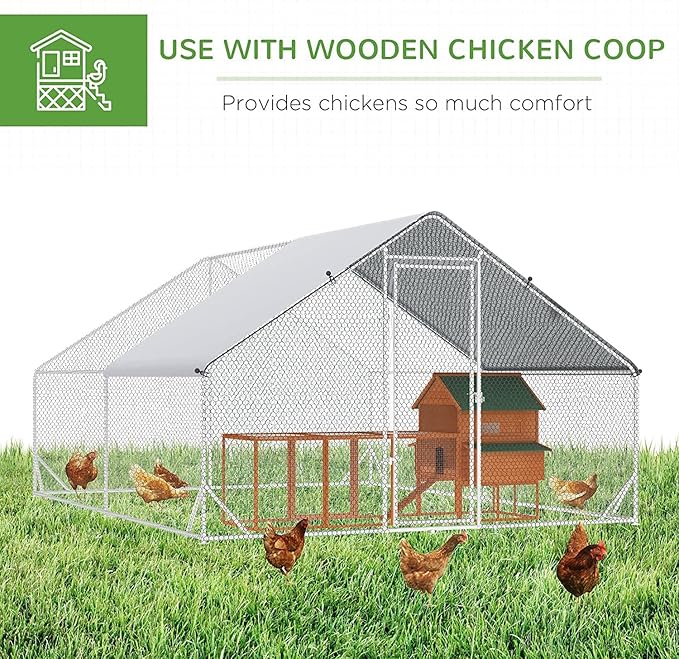 Large Metal Chicken Coop, Walk-in Poultry Cage Galvanized Hen Playpen House with with Water-Resident and Anti-UV Cover, Duck Rabbit House Outdoor, Backyard Farm, 9.8' L x 13.1' W x 6.5' H