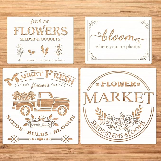 4 Pieces Flower Market Stencil Farmhouse Stencils Fresh Farm Stencil Flower Truck Reusable Stencil Templates DIY Chicken Country Home Decor Stencils for Painting on Wood Wall Furniture