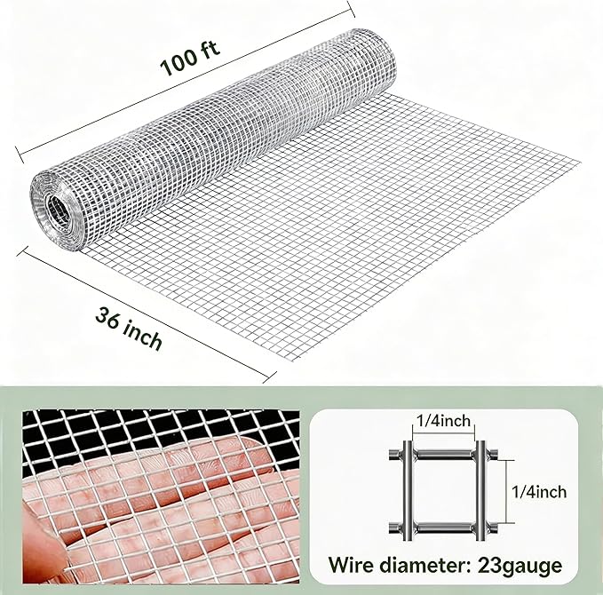 Amagabeli Galvanized Hardware Cloth 1/4inch 36inch x 100ft 23 Gauge Chicken Wire Fencing Welded Wire Metal Roll for Rabbit Cage Snake Fence Gopher Poultry Garden Netting Raised Bed Window Screen
