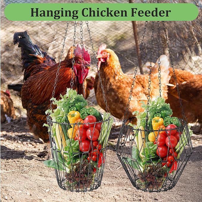 2 Pcs Hanging Chicken Feeder, Foldable Chicken Vegetable Fruits Feeder, Poultry Feeding Holder Basket with Hanging Chain, Veggie Treat Ball for Chicken Coop Accessories