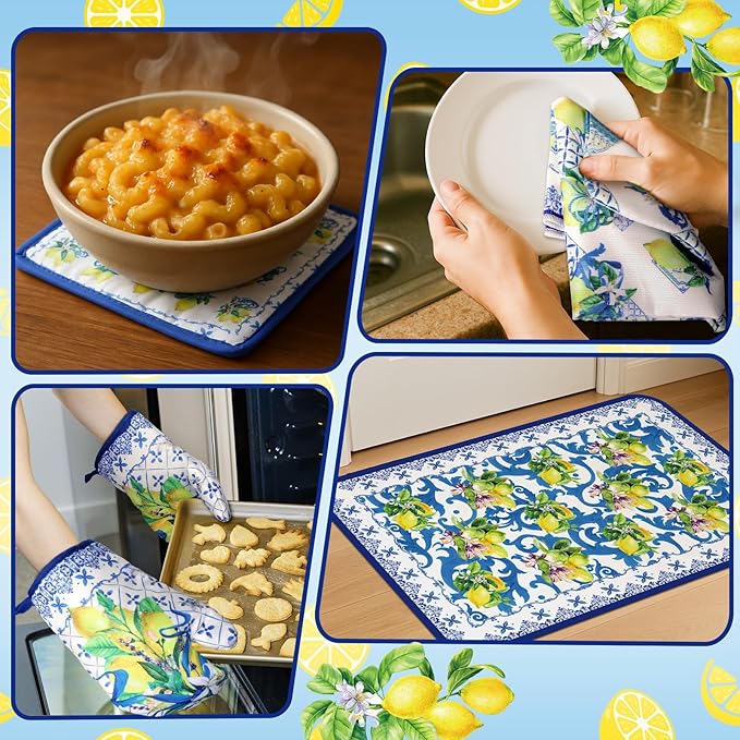 10 Pcs Kitchen Dish Towels Rugs Oven Mitts and Pot Holders Kit Farmhouse Kitchen Decor Set Gloves Vintage Potholders for Baking Cooking Chef(Blue, White, Lemon)