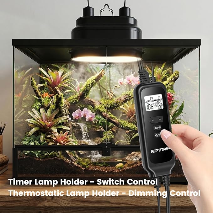 Reptile Heat Lamp with Timer & PID Dimming Thermostat, Dual Reptile Light Fixture, Bearded Dragon Terrarium UVB Bulb Fixture, Max 160W Per Socket (No Bulbs)