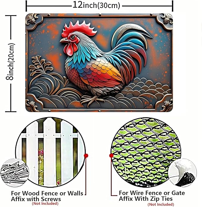 Chicken Retro Tin Sign Vintage Metal Post 2D Flat with 3D Visual Effect Wall Art Chicken Decor for Coops Farms Yard Home Bar Cafe Garage or Office - Thoughtful Chicken Gift Idea
