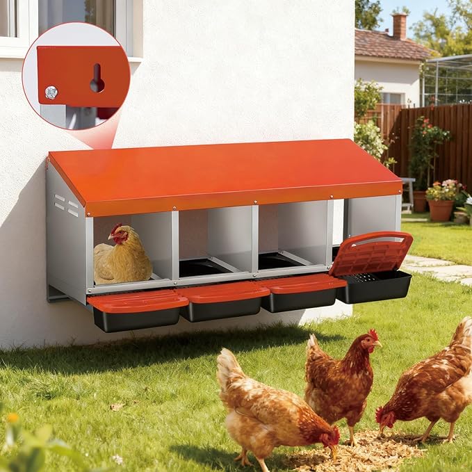 4 Compartment Metal Chicken Nesting Box, Automatic Roll-Out Egg Collection, Waterproof Galvanized Steel Laying Box with Perch & Wall Mount, for Hens Ducks Rabbits