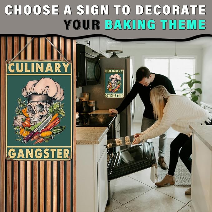 PEACHGARDEN Kitchen Wall Decor Vintage Skull Metal Sign Funny Culinary Gangster Tin Sign Cooking Poster Wall Decor for Home Kitchen Bar Pub Man Cave Cafe 8x12inch