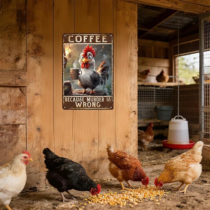 Chicken Coffee Because Murder Is Wrong Vintage Metal Tin Sign Rustic Farmhouse Wall Decor for Kitchen Cafe Barn Country Home Retro Iron Art Plaque 16x12 Inch