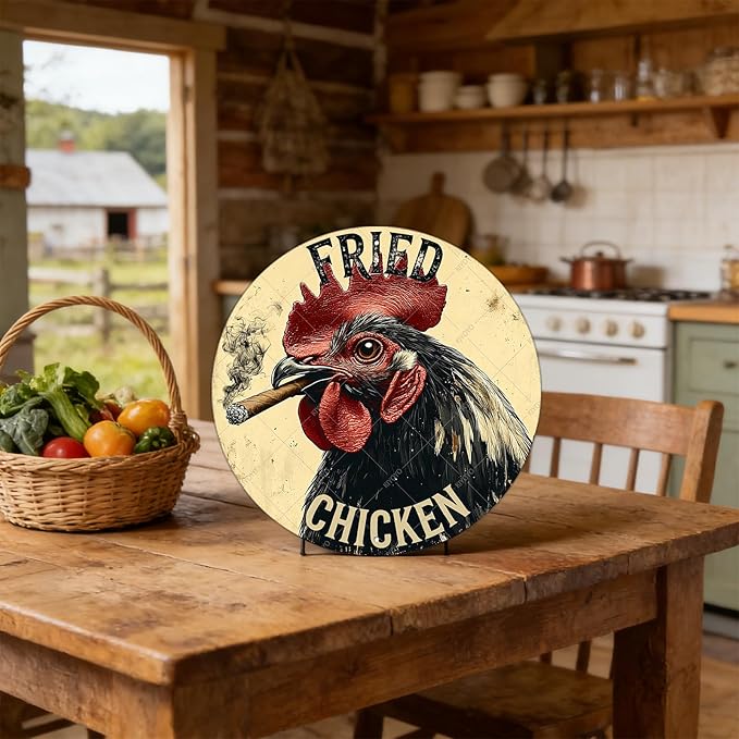 Farm Chicken Cock Hen Round Metal Tin Sign Rooster Fried Chicken Poster Home Decor Garage Bar Restaurant Kitchen Cafe Bar Pub Wall Art Decor 12 Inch