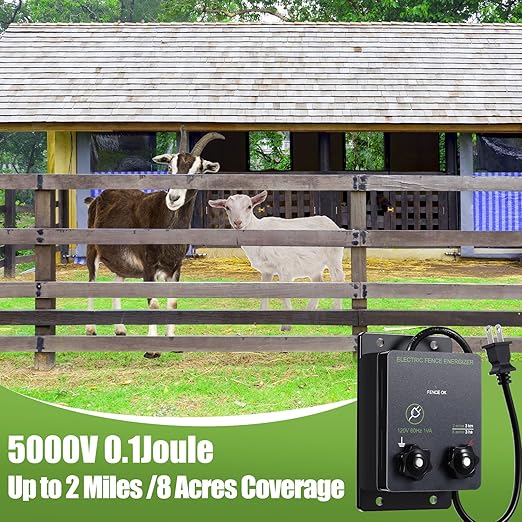 2-Mile 5000V 0.1Joule Electric Fence for Preventing Animals Intruding, 50 Black Fence Insulator and 1 Socket Tool, 250ft Aluminum Wire for Electric Fencing Grid System Accessories