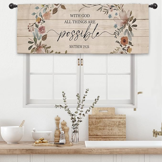 Bible Scripture Quotes Kitchen Curtain Valance 54W x 18L Inch Farmhouse Rustic Flower Country Motivational Religeous Rod Pocket Short Cafe Small Window Treatment Drapes Decor