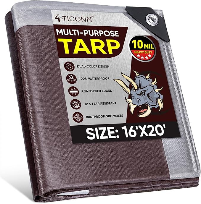 TICONN Heavy Duty Tarp Cover, Extra Thick Tarps Waterproof Tear and Rip Proof UV Resistant Tarpaulin with Reinforced Grommets and Edges (10 Mil, 16'x20')