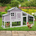 Outdoor Chicken Coop with Run, 2-Story Wooden Hen House with Wheels, Waterproof Roof & Pull-Out Tray for 2-4 Chickens (Grey)