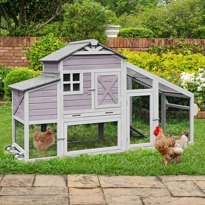 Outdoor Chicken Coop with Run, 2-Story Wooden Hen House with Wheels, Waterproof Roof & Pull-Out Tray for 2-4 Chickens (Grey)