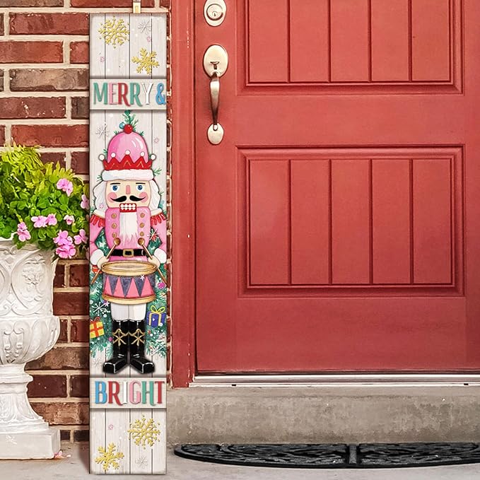 47" Large Nutcracker Christmas Porch Sign Pink Pastel Welcome Sign Christmas Porch Decor Tall Wooden Front Door Decor Gift for Xmas Holiday Farmhouse Outdoor Yard Home Patio Entryway