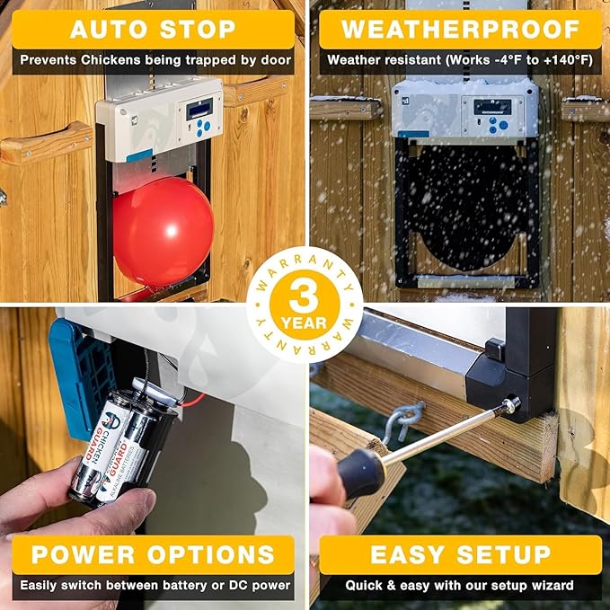 Automatic Chicken Coop Door Opener, ChickenGuard One in All 4 Colours, Timer/Light Sensing, Winter Mode, Auto-Stop & Predator Proof, 3 Power Options, Solar, Battery or Electric (Red + Batteries)