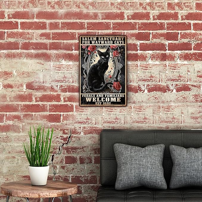 Sanwarm Metal Sign 8X12 Inch, Witch Black Cat Sanctuary Wayward Salem Vintage Tin Sign Wall Art Decor for Home, Living Room, Kitchen, Garden, Bedroom, Office, Hotel, Cafe And Pub Decoration