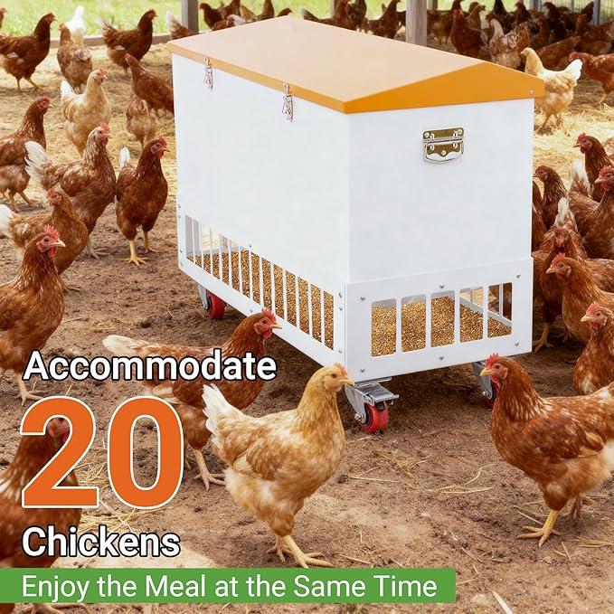 Chicken Feeder with Grille & Wheels, No-Waste 120LBS Capacity Feeder w/ 22 Ports for 20 Chickens, Powder-Coated Steel Feeder w/Waterproof Lid, 37.6”x14.6”x26.2”