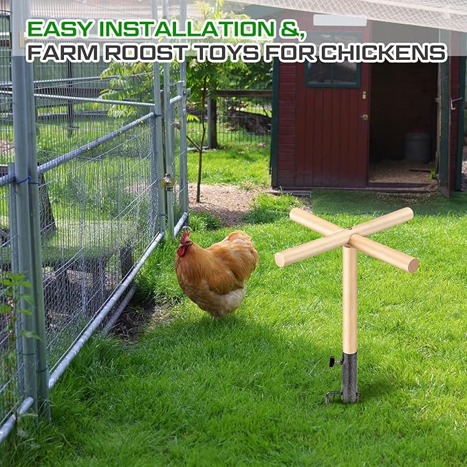 Chicken Perch Toy for Coop 16.54 x 17.72 Inch Wooden Chicken Perch Stand with Metal Ground Plug Chicken Coop Accessories Outdoor Poultry Playground Toys or Poultry Rooster Large Bird Parrot