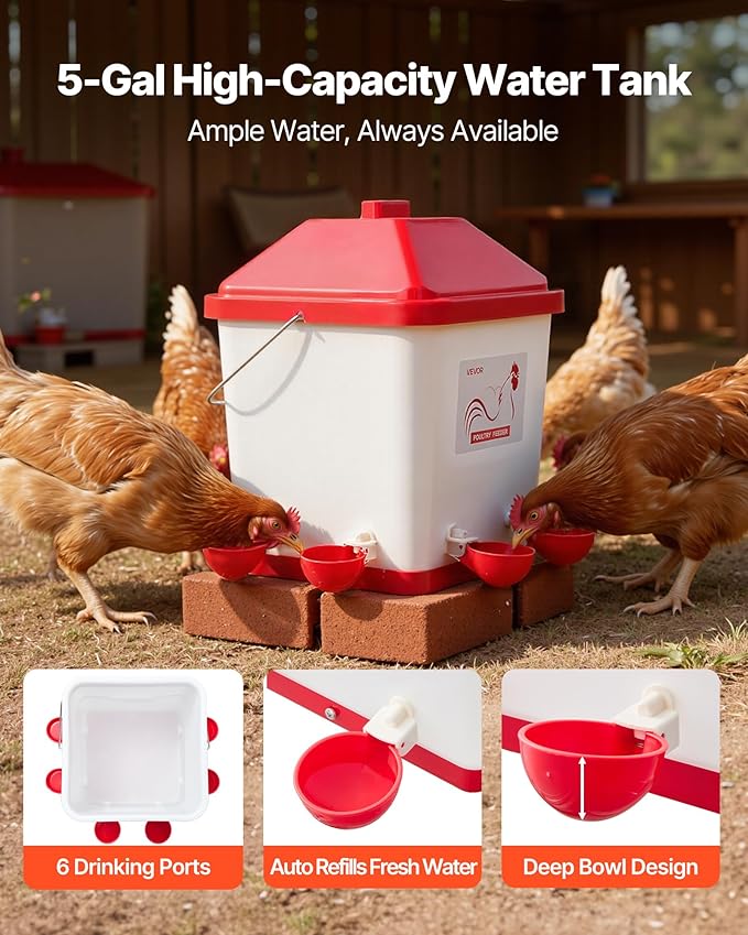 VEVOR Automatic Chicken Feeder & Waterer Set, 5 Gallon/40 Pounds, Rain Proof Hanging Poultry Feeder with Water Cup No Waste, Automatic Gravity, Avoid Small Animals, Suitable for Chicken, Duck, Turkey