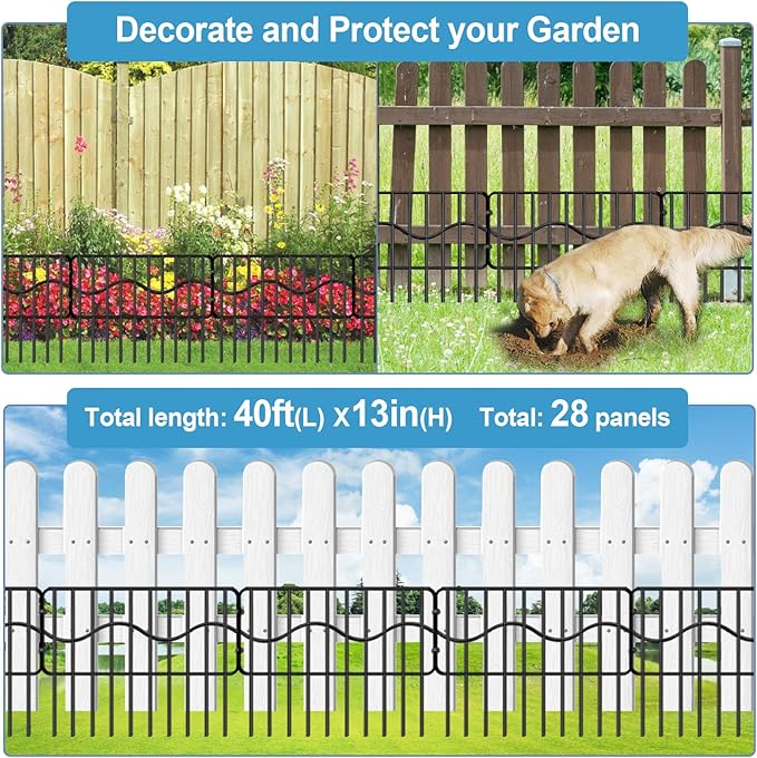 40ft(L) x 13in(H) Garden Animal Barrier Fence, 28panels No Dig Fences, Small Dog Fence Barrier, Animal Barrier Rabbit Fencing Rustproof Metal Decorative Border for Outdoor Garden