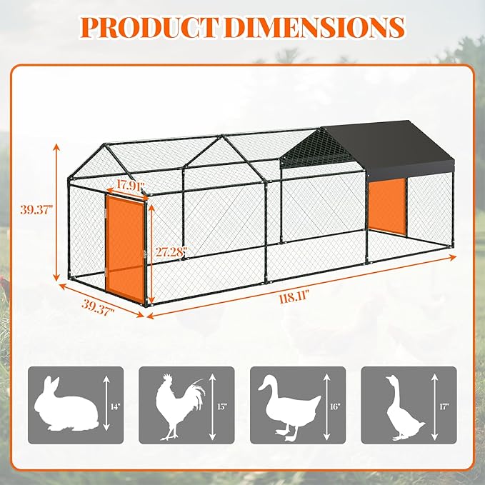 Large Chicken Coop with Run, 120"X40"X40" Outdoor Metal Chicken Coop & Pen, Heavy-Duty Poultry Enclosure with Waterproof and Anti-UV Cover for Ducks, Chickens, Rabbits in Backyard Farm