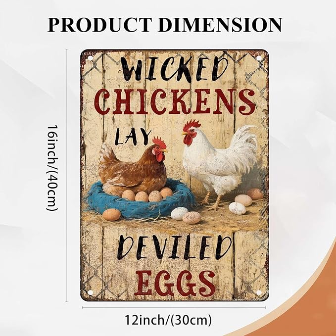 Rustic Metal Tin Sign Wicked Chickens Lay Deviled Eggs Poster Art Country Kitchen Wall Decor Outdoor & Indoor Farmhouse Sign Metal Plaque 8x12 Inch 12X16Inch