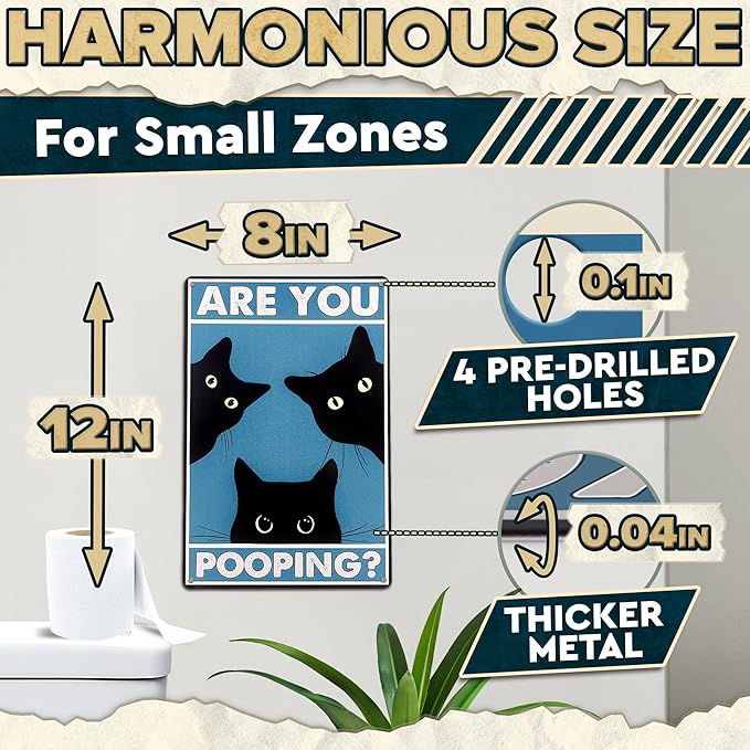 Are You Pooping Sign - Funny Cat Bathroom Sign with Anti-Rust Coating 12 x 8 Inch - Black Cat Decor for Home, Metal Wall Plaque for Toilet Decor, Cat Wall Art – Humorous Farmhouse Funny Bathroom Art