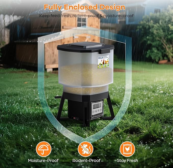 Automatic Chicken Feeder Solar Powered with Timer, 20lbs No-Waste & Rat Proof Poultry Feeder, Programmable Feeding Schedule, Adjustable Throw Distance