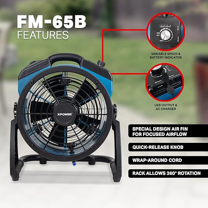XPOWER Misting Fan FM-65B, Battery Operated, Rechargeable, Outdoor Cooling, Oscillating, High Velocity, Variable Speed, Camping, Patios, 14 In