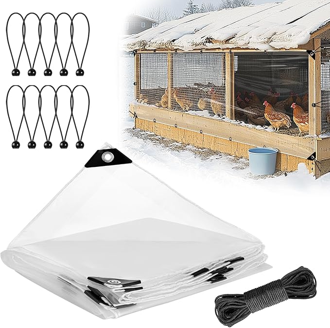 3x10ft Chicken Coop Covers Accessories for Winter - Easy to Install Waterproof Chicken Run Tarp with Elastic Cords & Rope