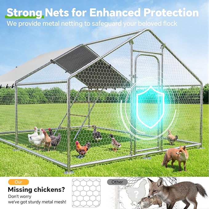 Large Metal Chicken Coop with Waterproof and UV-Resistant Cover,Chicken Run Outdoor Walk-in Cage Rabbit Duck Hen House for Yard Farm,Spire Roof (10' L x 13.2' W x 6.4' H)