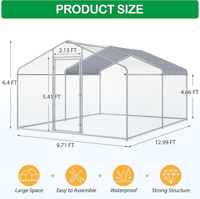 Large Metal Chicken Coop, Walk-in Chicken Run Pen with Waterproof Cover, Spire Roof Poultry Cage Run for Outdoors, Backyard, Farm(9.7'Wx12.99'Lx6.4'H)