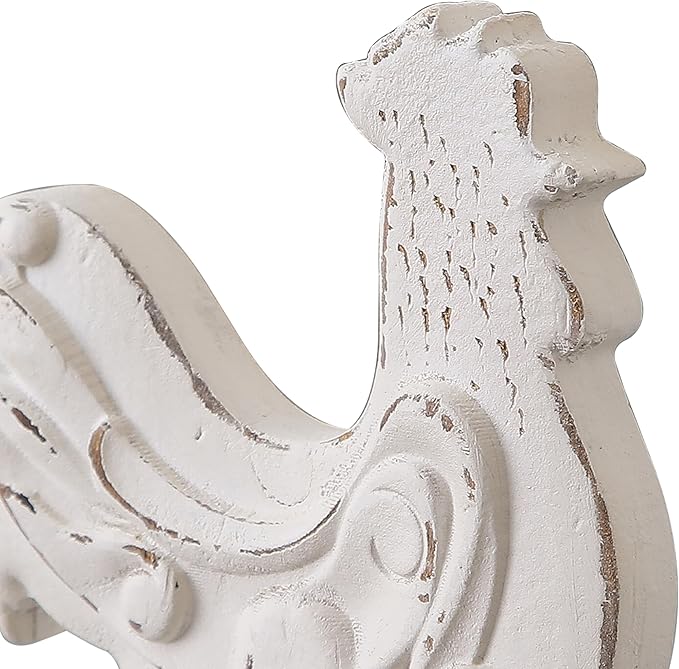 Rustic Small Chicken Statue Kitchen Decor 6 X 8 Inch, Handmade Distressed White Rooster Decor for Tabletop, Wooden Chicken Themed Gifts for Christmas Kitchen Mantel Dining Room Living Room