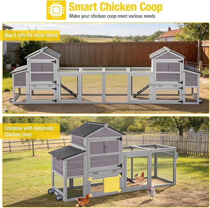 Aivituvin Mobile Chicken Coop with Wheels for 4-6 Chickens, Backyard Expandable Chicken House Duck Cage with Run, 2 Nesting Boxes, Easy Clean Pull-Out Tray, Leak-Resistant Asphalt Roof, 82.4"(Grey)