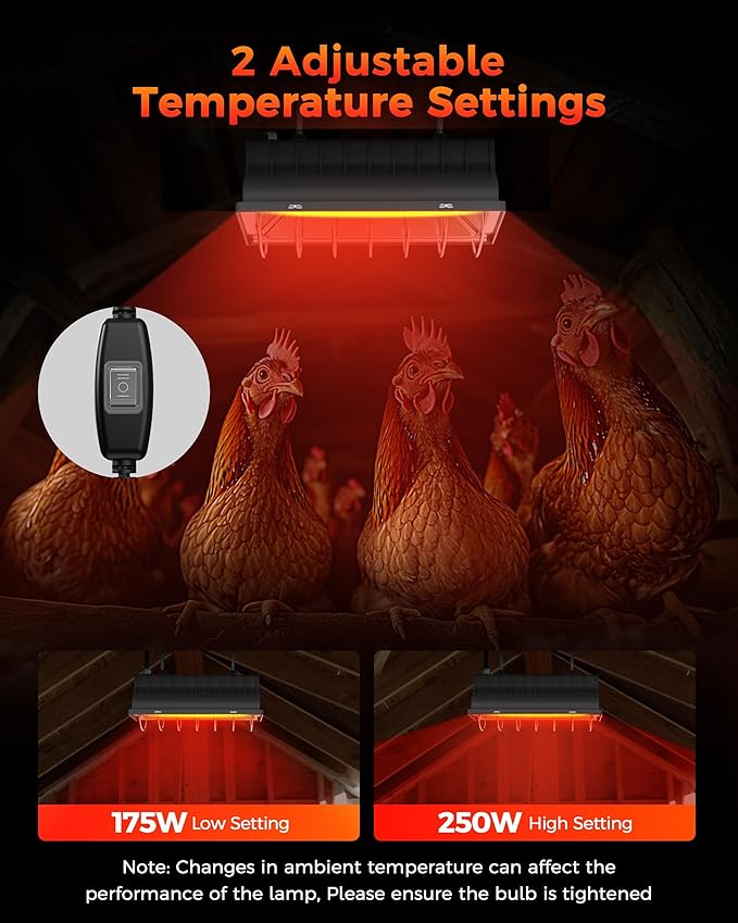 Heat Lamp for Chicken Coop, 250W Waterproof Brooder Heater for Indoor & Outdoor Used, Infrared Heat Lamp with Adjustable Temp & Height, Ideal for Poultry, Livestock & Small Pets