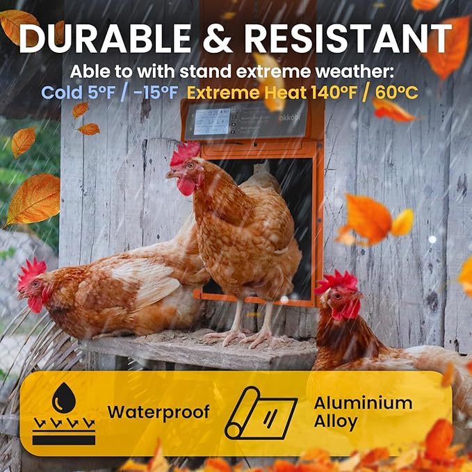 Okkobi Automatic Chicken Coop Door Solar Powered - LCD Display - Chicken Coop Door with Remote Control, Light Sensor & Timer - Anti-Pinch Function - 5-Year Protection - Autumn Ember