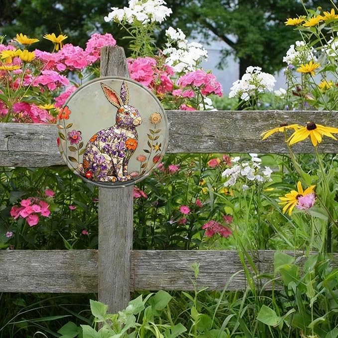 Rabbit Round Metal Tin Sign Wreath Farm Flowers Rustic Vintage Wall Art Decor for Home Garden Porch Yard Farmhouse Outdoor Decor 12x12inch