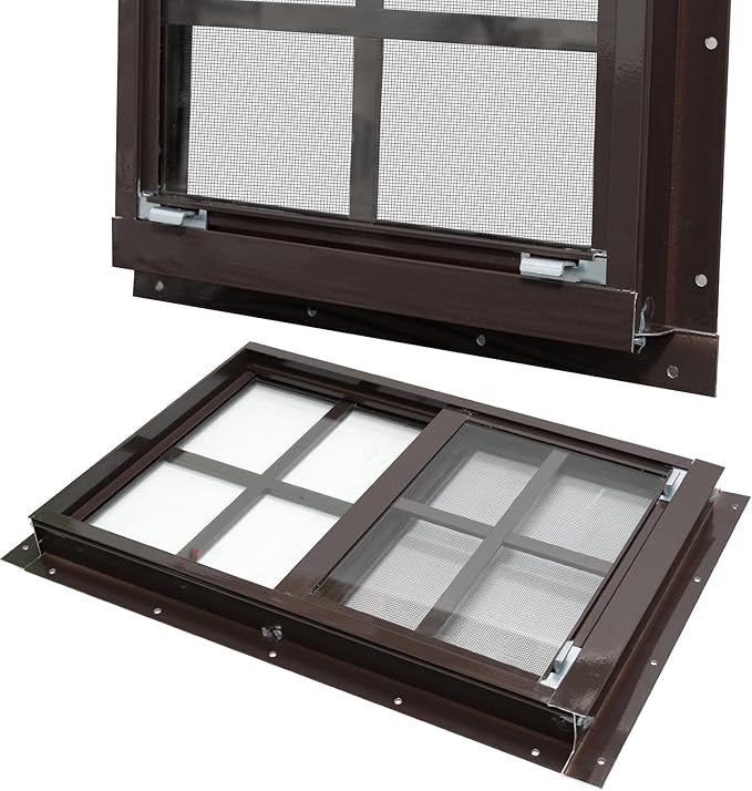 NeatiEase 2 Pack Shed Windows with Black Frame, 14x21 Flush Mount Small Window with Tempered Glass and Fiberglass Screen for Shed, Chicken Coop, Playhouse, Household, Garage (Brown)