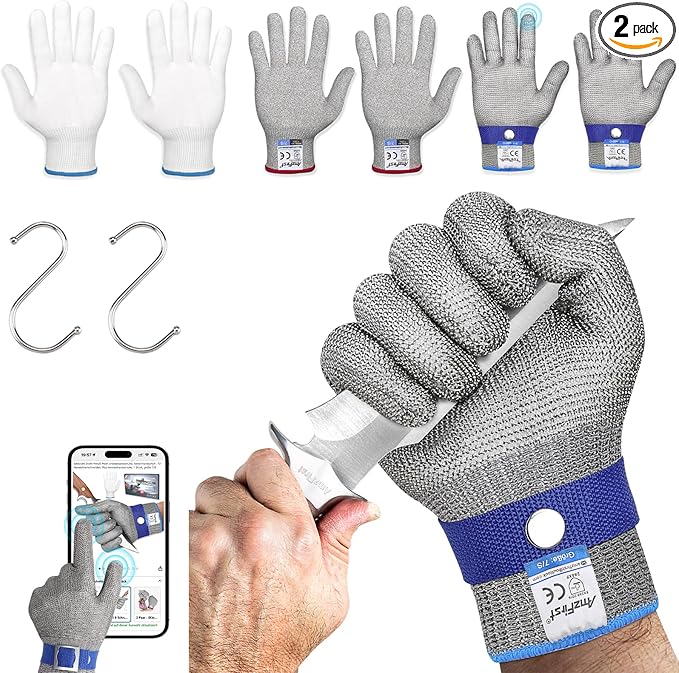 2 Pcs Level 9 Cut Resistant Gloves, Food Grade for Stainless Steel Mesh Metal Glove Touch Screen, Kitchen Cooking Gloves for Women and Men, for Butcher Meat Cutting Oyster Shucking, Size: 11/XX-Large