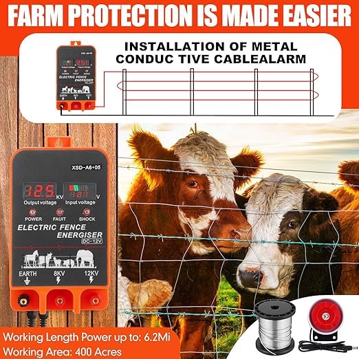 5.5J Electric Fence Charger with Digital Display & Alarm, AC/DC Dual Power, 12V Input 8KV/12KV Output, 250ft Aluminum Wire 50 Insulators & Socket Tool for Animal Control Predator Deterrent