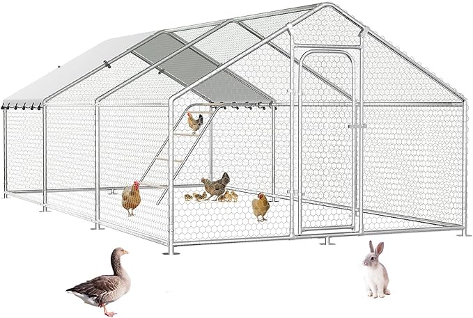 Large Metal Chicken Coop with Waterproof and UV-Resistant Cover,Chicken Run Outdoor Walk-in Cage Rabbit Duck Hen House for Yard Farm Use Spire Roof(10' L x 14.8' W x 6.4' H)